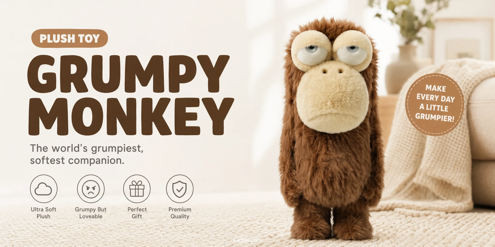 Healing Expression Icon — “Sad Big-Eyed Monkey” Plush Toy