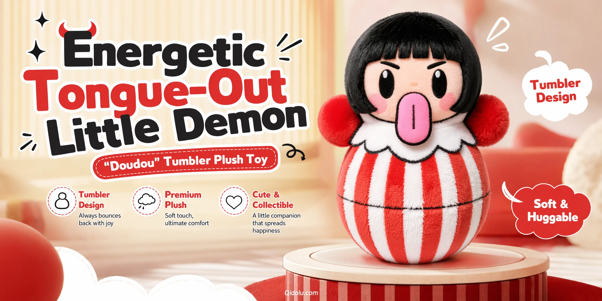 Energetic Tongue-Out Little Demon — “Doudou” Tumbler Plush Toy
