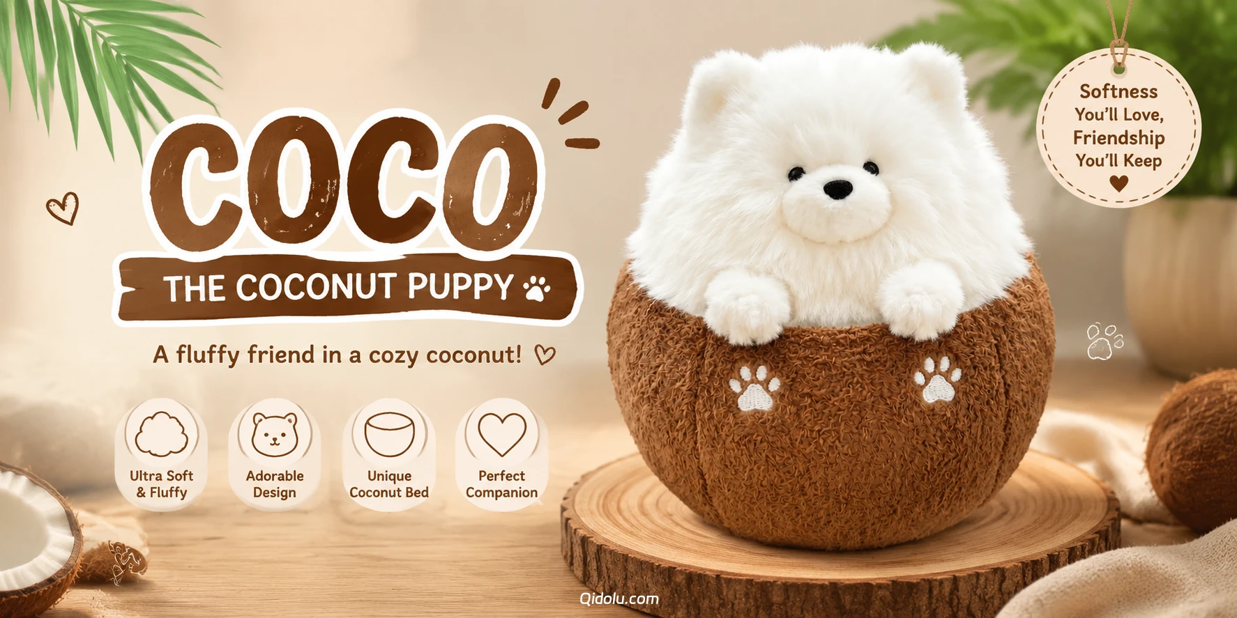 Bursting with Cuteness — “Coco the Coconut Puppy” Plush Toy